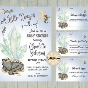 Invitación y tarjetas de ducha de bebé de dragón para niños, ducha de bebé de dragón, invitación de ducha de dragón, rifa de pañales de dragón
