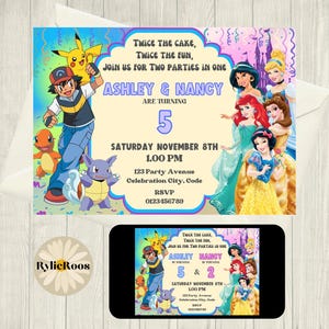 May include: A colorful birthday party invitation featuring cartoon characters and princesses. The invitation includes the text "Twice the Cake, Twice the Fun, Join us for Two Parties in One" and details for the party.