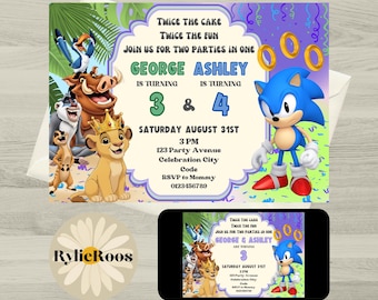 Lion King & Sonic Birthday Invitation: Joint, Twin, Siblings, Dual Themed, Printable (Digital Download)