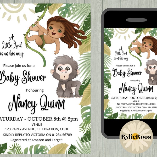 Tarzan Baby Shower Invitation, Jungle Baby Shower Invitation, Fairytale Baby Shower Digital Invite, Little Lord Baby Shower Invite