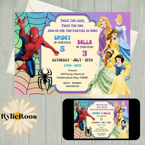 Spiderman and Princesses Joint Birthday Invitation (Digital Text Invite)