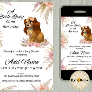 Een kleine dame is onderweg baby shower uitnodiging, Lady en de vagebond bewerkbare uitnodiging, afdrukbaar, digitaal, tekst uitnodigen, Lady Dog uitnodiging