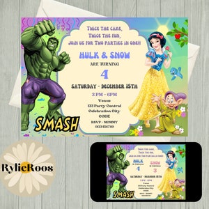 Joint Birthday Invitation, Hulk and Snow White Editable Invite, Twins Birthday Invite, Siblings Birthday Invite, Joint Party Invitation