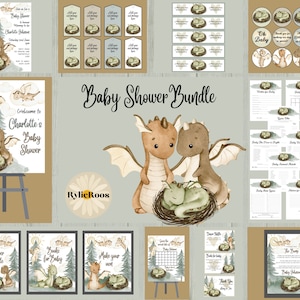 Paquete de baby shower con dragón beige neutro, paquete de baby shower con dragón, invitación para baby shower de género neutro