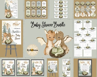 Little Dragon Baby Shower Bundle, Baby Dragon Shower Bundle, Beige Gender Neutral Dragon Baby Shower Invitation