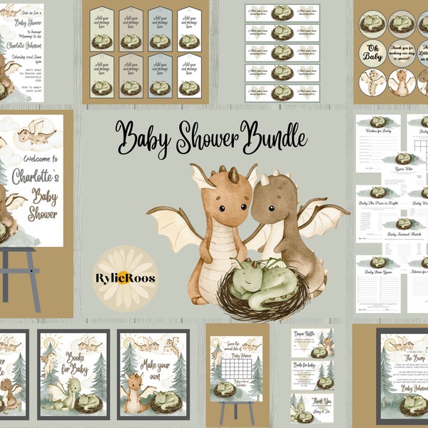 Little Dragon Baby Shower Bundle, Baby Dragon Shower Bundle, Beige Gender Neutral Dragon Baby Shower Invitation