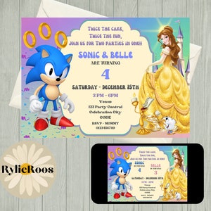 May include: A birthday invitation featuring Sonic the Hedgehog and Belle from Beauty and the Beast. The invitation is decorated with colorful confetti and gold rings. The text reads "Twice the cake, twice the fun, join us for two parties in one! Sonic & Belle are turning 4. Saturday, December 15th, 3 PM - 6 PM, 123 Party Central, Celebration City, Code, RSVP - Mommy, 0123-456789."