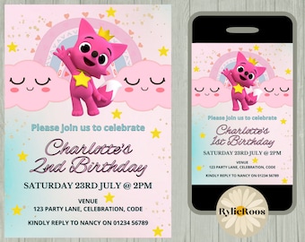 Invitation d'anniversaire Pinkfong, Rainbow Pinkfong Digital Invite, Invitation numérique ou imprimable pour filles, Pinkfong Baby Shark Text Evite