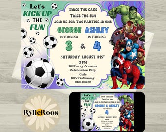 Soccer and Avengers Birthday Invitation: Football, Joint Party (Digital Download)