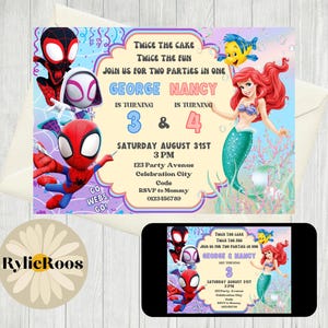 Spidey and Ariel Twins Birthday Invitation: Joint Party Evite (Digital Design)