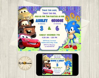 Cars & Sonic Joint Birthday Invitation: Twin, Siblings, Dual Themed, Party Invite (Digital Download)