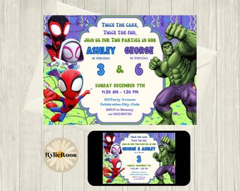 Spidey & Hulk Joint Birthday Invitation: Twin, Siblings, Dual Themed, Party Invite (Digital Download)