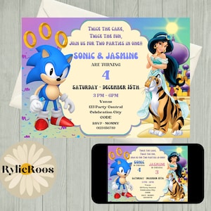 Joint Birthday Invitation, Sonic and Jasmine Editable Invite, Twins Birthday Printable or Digital Text Invite, Joint Party Invitation