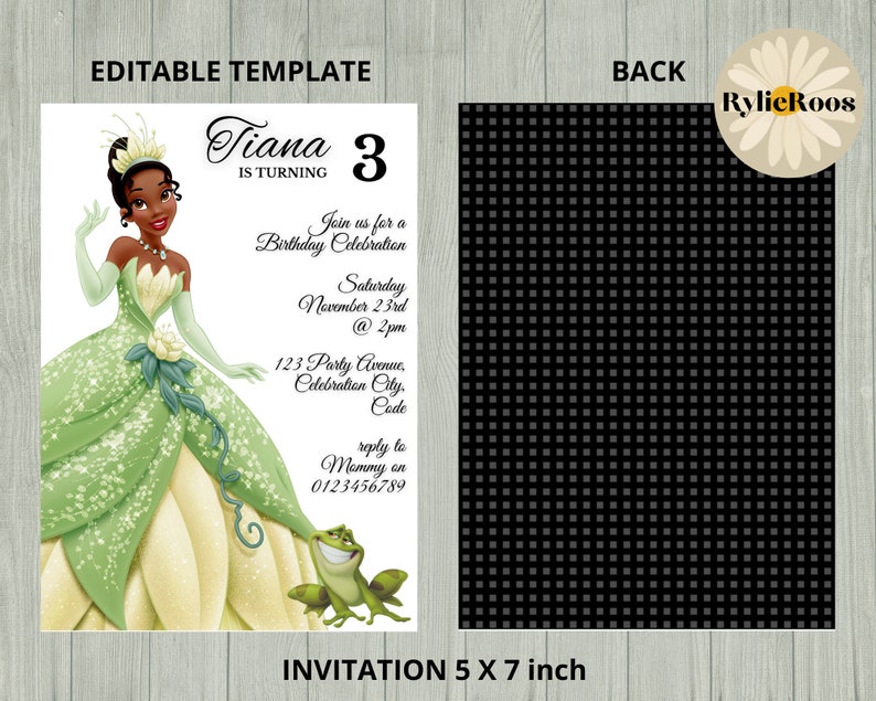 Tiana Birthday Invitation Princess Editable Invite princess and the frog Girls Birthday Printable or Digital Text Invite