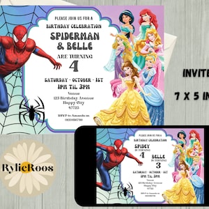 Gezamenlijke verjaardagsuitnodiging, Spider-Man en prinsessen bewerkbare uitnodiging, tweeling verjaardag afdrukbare of digitale uitnodiging, gezamenlijke uitnodiging voor feest
