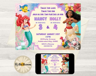 Ariel & Moana Joint Birthday Invitation: Little Mermaid, Twin, Siblings, Dual Themed, (Digital Download)