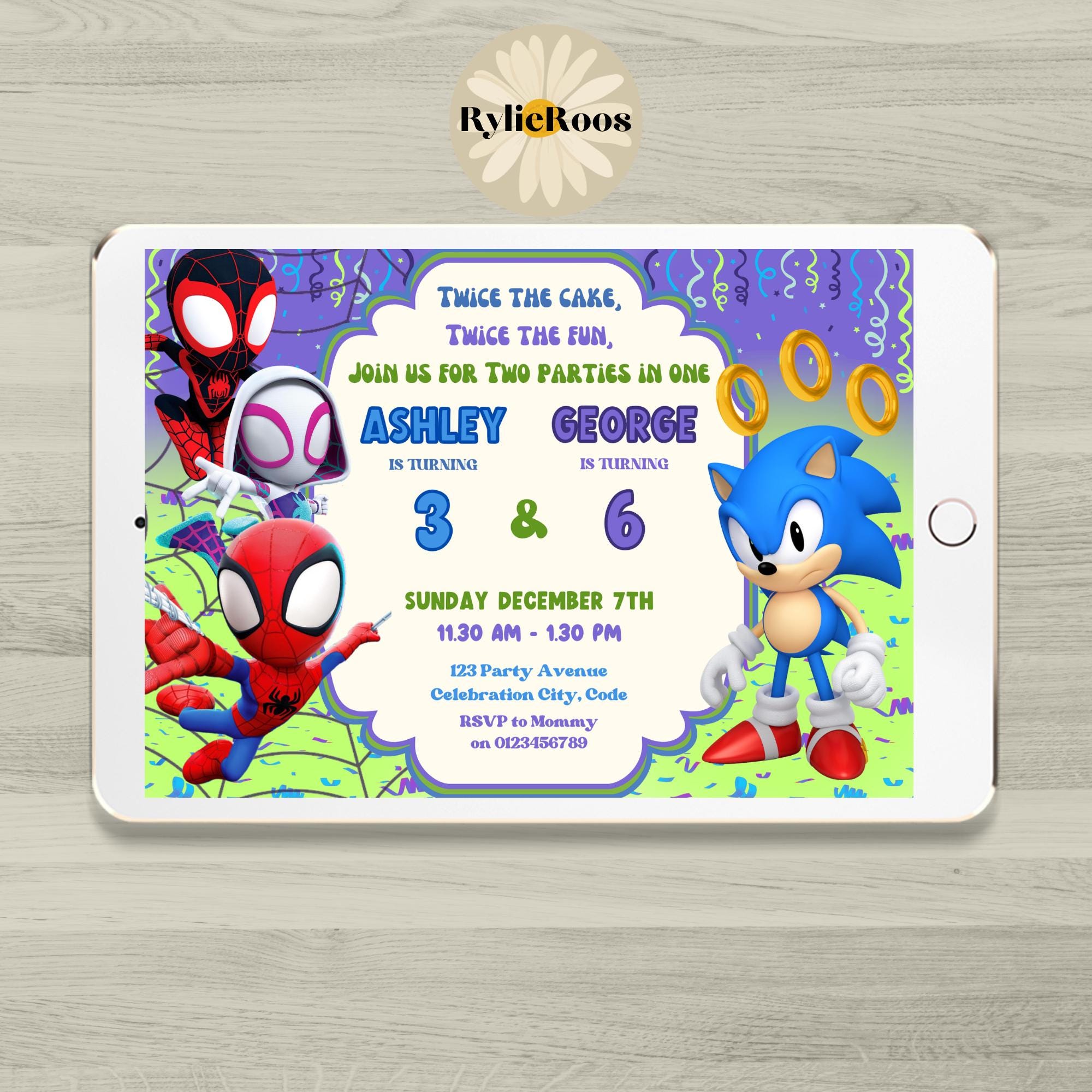 Spidey and Sonic Birthday Invitation: Joint, Twin, Siblings, Dual