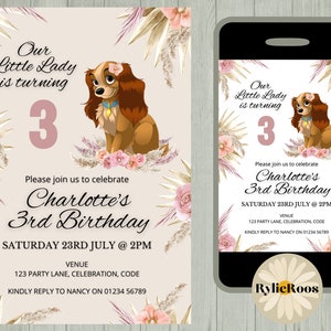 May include: A pink and white birthday invitation with a floral design and a cartoon image of Lady from the Disney movie Lady and the Tramp. The invitation says "Our Little Lady is turning 3" and includes the text "Please join us to celebrate Charlotte's 3rd Birthday, Saturday 23rd July @ 2PM, Venue: 123 Party Lane, Celebration, Code, Kindly reply to Nancy on 01234 56789".