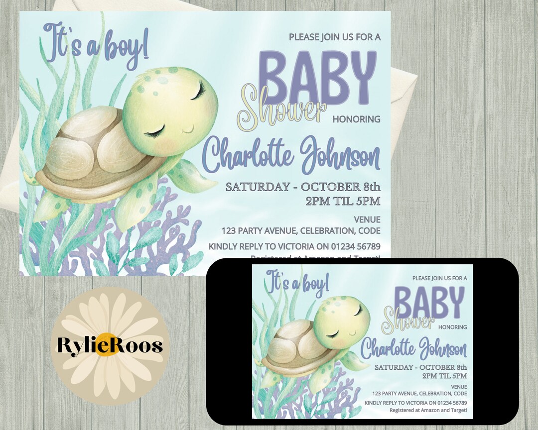 Sea Turtle Baby Shower Invitation, Turtle Baby Shower Invite, Ocean