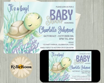 Invitation à la baby shower tortue de mer, invitation à la douche de bébé tortue, invitation à la douche de l’océan, invitation à la douche sous la mer