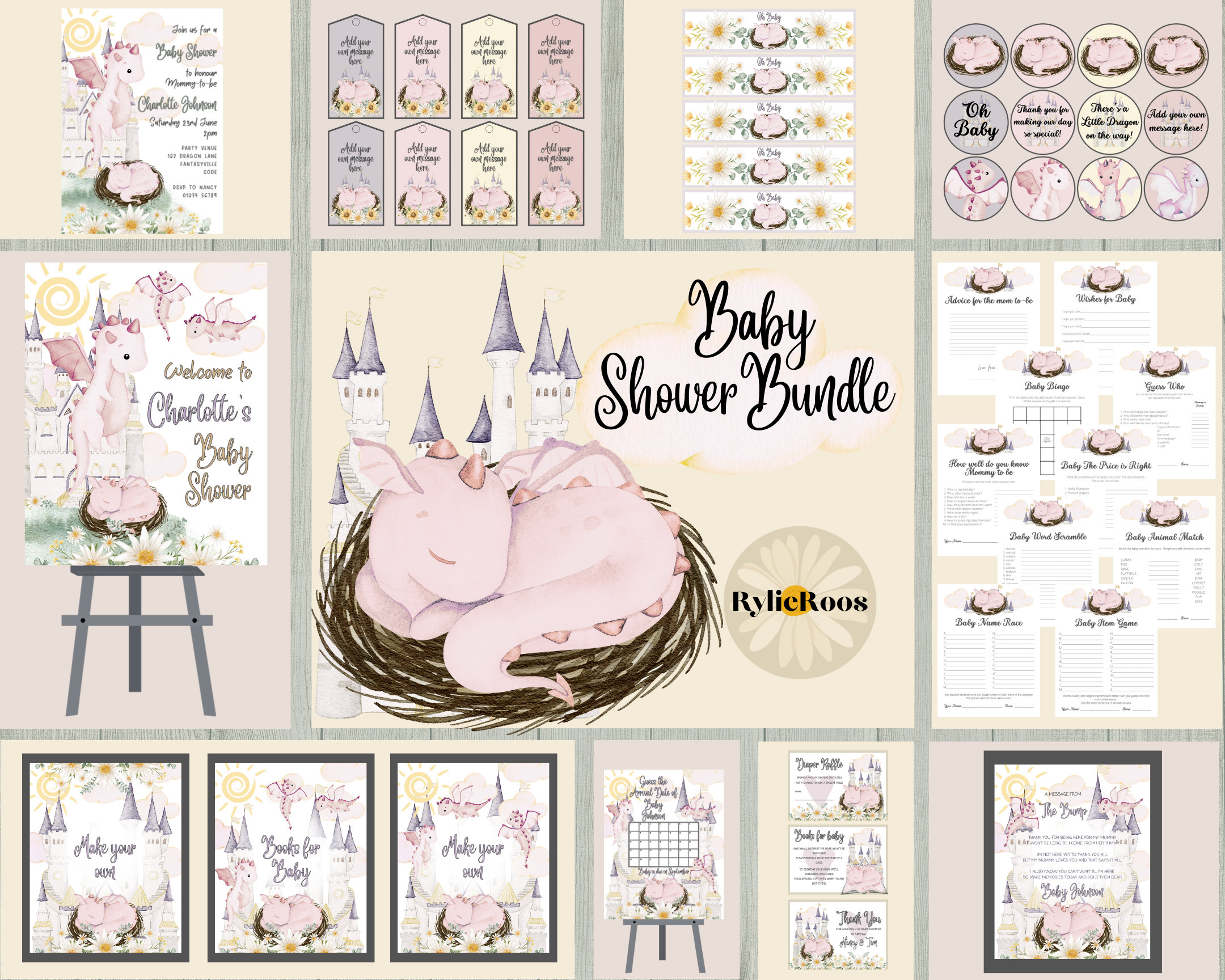 Pink Dragon Baby Shower Bundle: Daisy Theme (Digital Download)