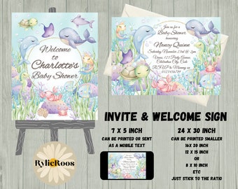 Under The Sea Baby Shower Invite and Welcome Bundle, Turtle Baby Shower Invitation, Dolphin Baby Shower Welcome Sign