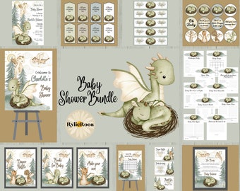 Sage Green Neutral Dragon Baby Shower Bundle, Baby Dragon Shower Bundle, Gender Neutral Baby Shower Invitation