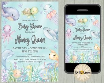 Cute Ocean Creatures Baby Shower Invitation, Under The Sea Baby Shower Invite, Dolphin Baby Shower, Turtle Baby Shower, Seahorse Baby Shower