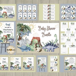 Boys Dinosaur Baby Shower Bundle, Dino Baby Shower Invitation, Blue and Sage Baby Shower Invite, Boys Baby Dino Shower Bundle, Dino Invite