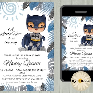 Bat Boy Baby Shower Invitation: Blue Leaf Superhero Theme (Digital Download)