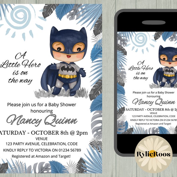 Bat Boy Baby Shower Invitation, Superhero Baby Shower Invitation, Blue Leaf Boys Baby Shower Invite, Super Cute Baby Shower Decor