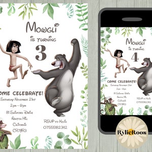 Jungle Book verjaardagsuitnodiging, Mowgli en Baloe bewerkbare uitnodigen, jongens of meisjes afdrukbare of digitale elke leeftijd tekst uitnodigen