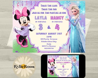 Invitación de cumpleaños de Minnie Mouse y Elsa: temática conjunta, gemelas, hermanas y doble (descarga digital)