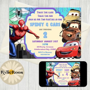 Spiderman and Cars Joint Birthday Invitation (Digital Download)