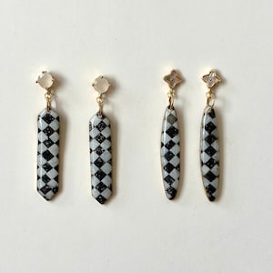Geometric Chessboard Earrings, Black and White Polymer Clay Earrings, Gold Filled Studs, Minimalist Statement Jewelry, Handmade Earrings