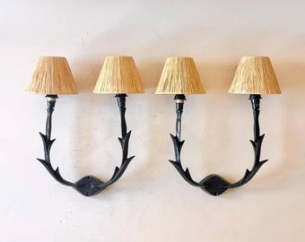 Vintage 70s Bronze Horn Wall Lights with Raffia Shades