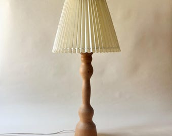 Large Danish Vintage Hand-Carved Wooden Table Lamp with Pleated Shade