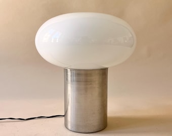 Vintage Italian 70s Opaline Mushroom Glass Table Lamp, Brushed Aluminum Base