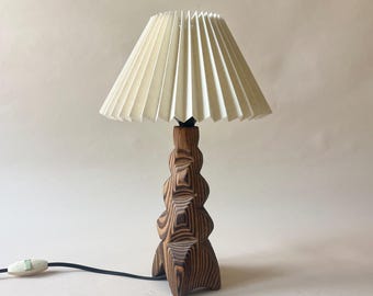 Vintage French Brutalist Hand-Carved Wood Table Lamp with Pleated Shade