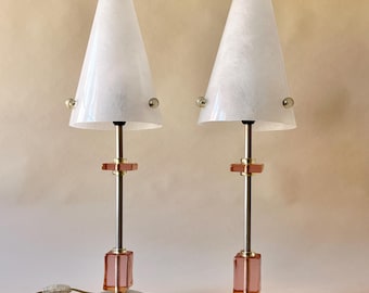 Pair of Vintage 90s Postmodern Memphis Style Table Lamps, Fiberglass Shades