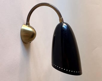 Vintage Italian Mid-Century Diabolo Wall Light, Black Metal and Brass Swan Neck