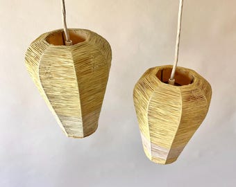 Pair of Vintage 50s Raffia Pendant Lights, Woven Geometric Ceiling Lamps