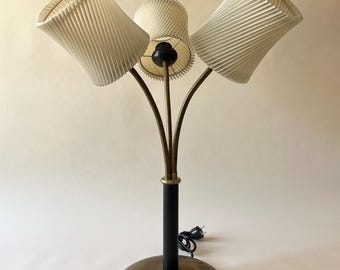 Large Vintage 50s Three-Head Brass Table Lamp with Original Pleated Shades