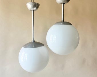 Vintage Italian 50s Opaline Glass Pendant Lights, Pair of Globe Lamps