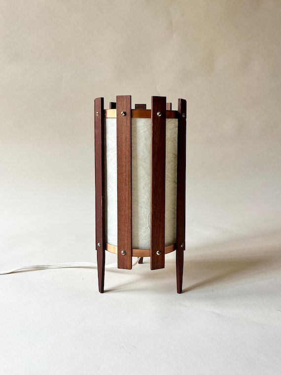 Vintage Danish Teak Tripod Table Lamp, Mid-Century Copper and Rice Paper Light