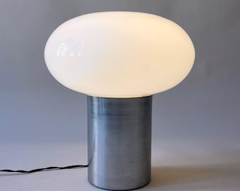 Italian 1970s Mushroom Table Lamp in Opaline Glass and Brushed Aluminum