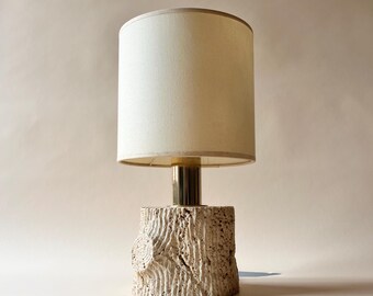 Vintage Italian Sculpted Travertine Table Lamp with Drum Shade