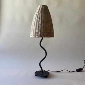 Vintage Squiggle Table Lamp with Wooden Bamboo Shade