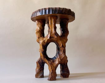 Vintage Hand Carved Organic Wood Side Table or Sculptural Stool