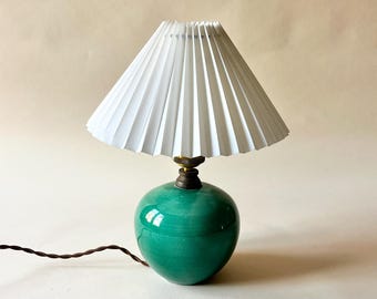Vintage French 60s Ceramic Table Lamp with Green Crackle Glaze and Pleated Shade